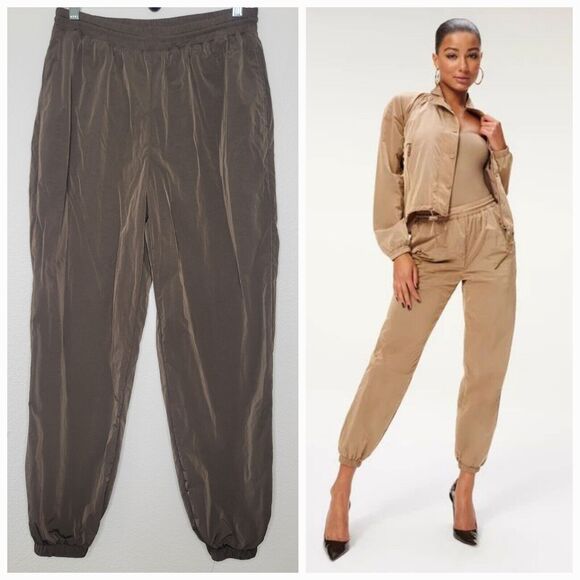 Good American Essential Nylon Jogger Track Pants Mocha Size 1 Pockets Sweatpants - Picture 1 of 12